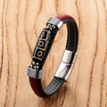 Ethnic braided leather bracelet with nine-eyed dzi bead and magnetic steel clasp - 19cm / Silver