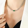 Silver cuban chain necklace featuring a green rectangular gemstone pendant on a model - Steel Color Green Zircon Necklace