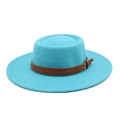 Detailed top-side view of a turquoise wool fedora hat with double brown leather straps - M (56-58cm) / Lake Blue