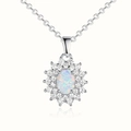 Polished silver sunflower necklace with opal stone and zirconia crystals on white background - White Gold