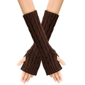 Detailed cable knit pattern on dark brown long fingerless arm warmers for autumn - One Size / Coffee