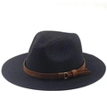 Chapeau fedora classique en raphia noir avec ruban en cuir brun et boucle dorée - Noir