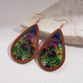 Detail of bohemian teardrop wood earrings with colorful mosaic patterns on marble - Ear Hook-Style 5 (Multicolor Geometric)