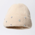 Gorro de punto de invierno crema con pedrería de colores y textura acanalada de alta calidad - Beige (Diamantes de Gota)