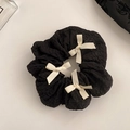 Elegant black bubble fabric hair scrunchie with cute white ribbons in ballet style - Black (With Cream Bow)