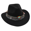 Detail of ethnic western felt hat with turquoise stone, colorful beads and fringe trim - Black
