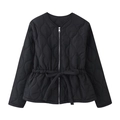 Women's black quilted jacket with round neck and decorative waist belt closure - S / Black
