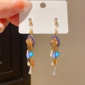 Ethnic style S925 silver earrings with colorful beads and dark blue woven fringe charms - Style 54# Silver Pin-Gold-Multicolor