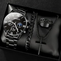 Luxury men's gift set featuring black quartz watch with matching bracelet and ring - Style 2 (No Box)