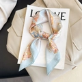 Elegant satin square neck scarf with light blue floral print on a beige suit - New Silk Scarf/small Square Scarf 14 / 65