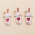 Trois pendentifs tasse de thé rose avec cœur rouge et alliage doré pour bijoux DIY - Thé au Lait Cœur Rose