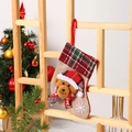 Hessian Christmas stocking with plush bear and red-green plaid cuff for gift storage - Burlap Bear / Small