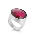 22mm chunky stainless steel ring with a large oval checkerboard-cut red gemstone - Silver + Red Faceted Stone (KR48343-K)