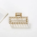 Elegant gold metal rectangular hair claw clip with white pearls for women hair styling - Rectangle Pearl Style (F-009)