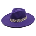 Detail of dark purple wool fedora hat featuring a geometric woven band on white background - M (56-58cm) / Purple