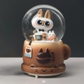 Crystal ball music box featuring cartoon cats and coffee cup base in brown finish - -036 Brown Base / Large 100 Snow+Light+Music