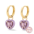 S925 Sterling Silber Creolen mit lila Emaille Herz-Zirkonia Anhängern für Damen - 925er Silber / Gold-Lila Zirkonia