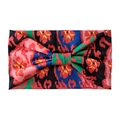 Elastic bohemian headband with colorful ikat print and bow design in pink and blue - Red Pink Ikat Bow (10767)