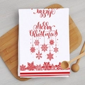 White Christmas kitchen towel with red Merry Christmas print on wooden board - White Red Merry Christmas