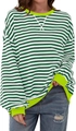 T-shirt casual a righe verdi e bianche con polsini verde neon e maniche lunghe - Verde Scuro