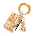 Floral leather card holder with orange silicone bead wristlet and gold metal keychain - Yellow