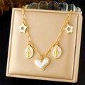 French vintage gold-plated stainless steel necklace with pearl heart and star charms - Madonna Heart Star Enamel Pendant Style (N3642)