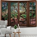 Vista detallada del tapiz 3D de bosque con diseño de marco de ventana de madera - 150x130cm / Patrón 3 (Árbol antiguo)