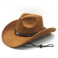 Brown faux suede western cowboy hat with silver bull head emblem and adjustable chin strap - M (56-58cm) / Khaki