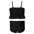 Two-piece black girls' swimsuit featuring criss-cross back bow and ruffled hem detailing - 104 / Black Cross Strap Boyshorts Bottom