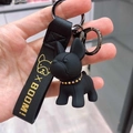 Cute black French Bulldog keychain with gold-studded collar and stamped leather strap - B58 French Bulldog / Resin / Black