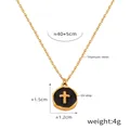 Gold titanium steel necklace with a black oil drip round pendant and gold cross - Black Cross Disc / Gold