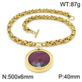 Chunky gold stainless steel chain necklace with large purple round glass stone pendant - Gold Purple Necklace (KN201468-Z)