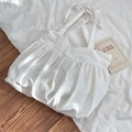 Cream pleated canvas tote bag with ribbon tie handle and minimalist logo patch - White
