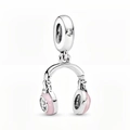 Detailed view of silver-plated headphone charm with pink enamel and sparkling rhinestones - Pink Rhinestone Headphones