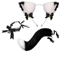 Three-piece black and white cat cosplay set with bell collar, ears headband, and plush tail - White Black Mixed + Large Bell Lace Choker + Black White Tail