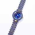 Luxury gold women's quartz watch featuring blue rhinestone bezel and sunburst dial - Gold Blue