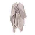 Women's plaid knit shawl poncho in beige and brown with elegant front knot and fringe - Tie-dye Light Khaki