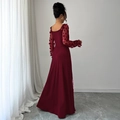 Elegant wine red long sleeve evening gown with mesh floral sleeves and A-line silhouette - S / Burgundy