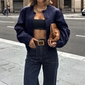 Women casual navy blue long sleeve vest jacket paired with high waist jeans and accessories - S / Navy Blue