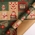 Christmas kraft wrapping paper roll with reindeer polar bear and holly jolly motifs - Green Base Santa Claus