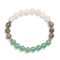 Detail of 8mm natural tiger eye and agate beads with silver metal spacers and elastic cord - Labradorite + White Stone + Aventurine