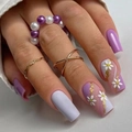 Blue and purple French press-on nails with white 3D daisies and gold glitter accents - Purple 3D Daisy Stitching Style (JP2393)