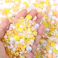 Mixed yellow resin flatback half pearls in various sizes for DIY nail art and crafts - Half-round Pearl Mixed With Yellow And White Ab Series - G / 30 g