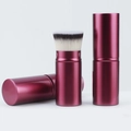 Three-way view of retractable flat top foundation brush with metallic purple case - Wine Red Flat Head