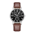 Detail of quartz watch dial with sub-dials and dark brown crocodile leather strap - Black Dial Brown Strap Chronograph Style