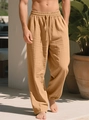 Men's loose fit quick-dry cotton linen casual pants in khaki with drawstring waist - Earthy Yellow