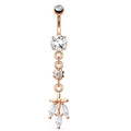 Rose gold belly button ring with sparkling zircon petal pendant on white background - Style 24