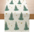 Christmas table runner with festive tree and snowflake patterns on beige linen fabric - Beige Red Ornament Xmas Tree (ZQ28-7)