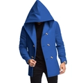 Detail view of double-breasted closure and hood on men's mid-length slim fit coat - S / Blue