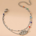 Bracciale a doppio strato dorato con perline colorate e ciondolo numero fortunato 777 - Bracciale a Doppio Strato 777 in Smalto / Argento